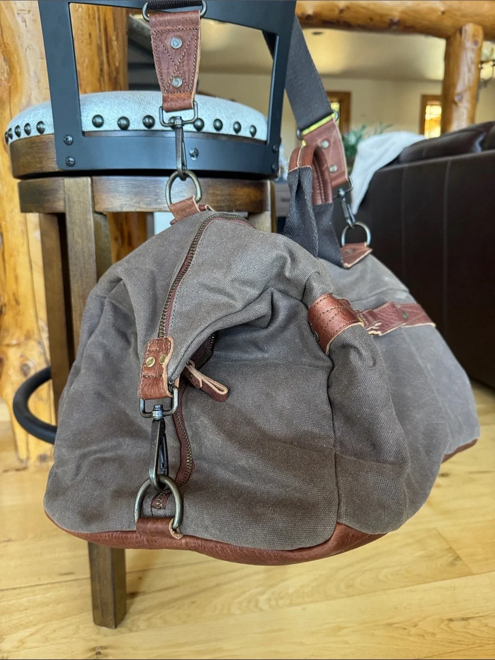 Will Leather Goods Brown Canvas with Chestnut Leather Trim Duffel